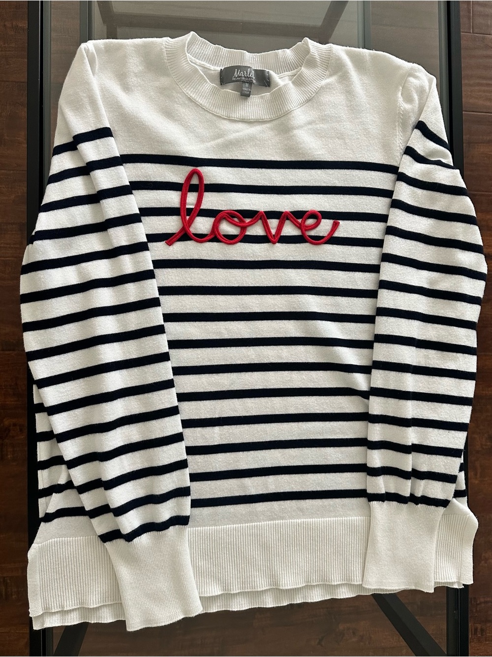 Marled White & Navy Striped Crewneck Sweater with Red "love" Script